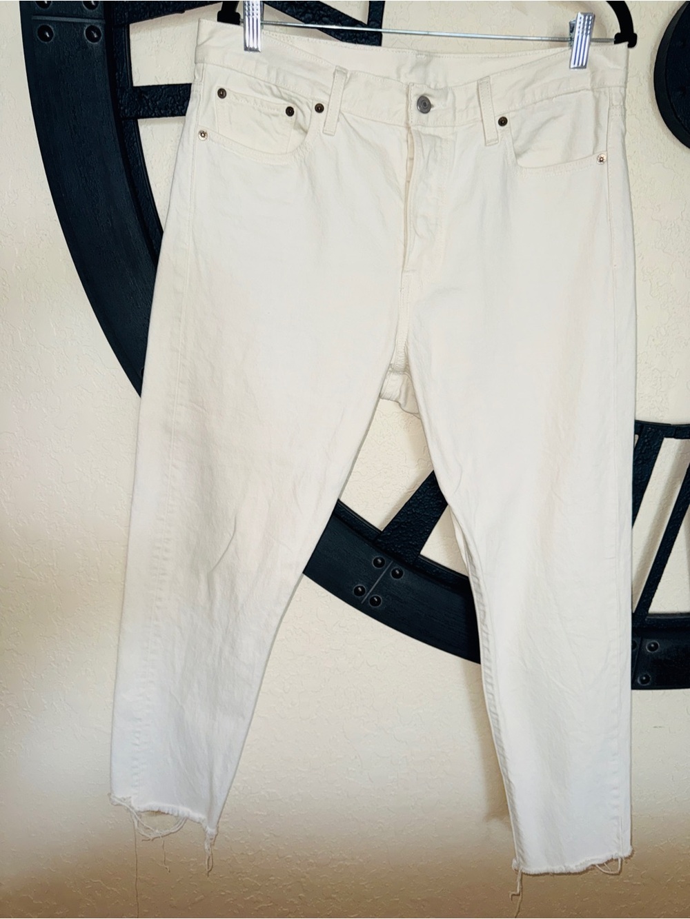 Levi’s High Rise Button Fly Ivory Jeans with Raw Hem - Size 32